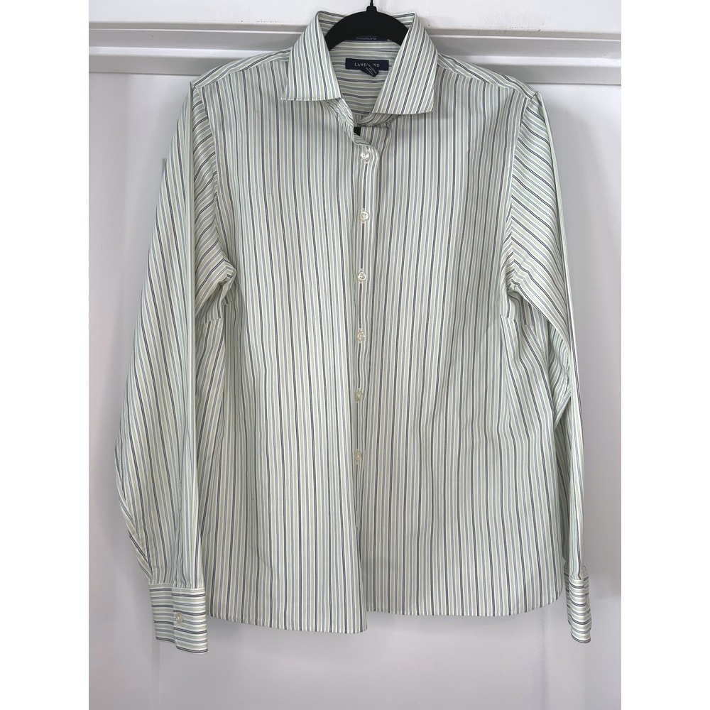 Lands End Womens 14 Green Navy Striped Wrinkle Free Broadcloth Button Down Shirt